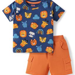 Babyhug Single Jersey Knit Half Sleeves Animal Printed T-Shirt & Shorts Set - Orange & Navy Blue-image-76