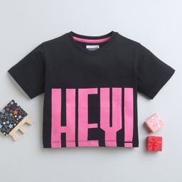 BUMZEE Cotton Woven Half Sleeves Crop T-Shirt with Hey Text Print - Black-image-3