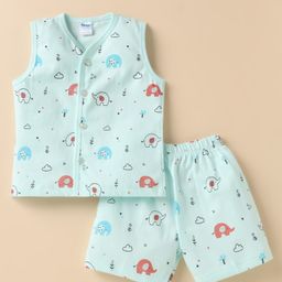 Tango Single Jersey Knit Front Open Sleeveless with Elephant Print Jhabla & Shorts Set - Light Blue-image-62