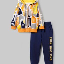 OLLINGTON ST. Cotton Knit Full Sleeves Text Printed Hoodie Sweatshirt & Knit Joggers - Multicolor & Navy Blue-image-97