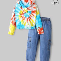 Ollington St. 100% Cotton Tie & Dyed Full Sleeves Hoodie & Denim Joggers Set - Multicolor-picture-28