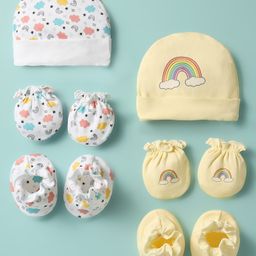Ben Benny 100% Cotton Knit Cap Mitten & Booties Set With Rainbow Print Pack Of 2 Light Yellow & White - Diameter 10 cm-picture-6