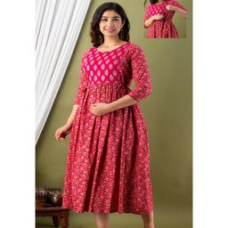 NEVISHA STYLE Cotton Woven Three Fourth Sleeves Floral Printed Maternity Kurta With Side Zipper Nursing Access - Pink-picture-28