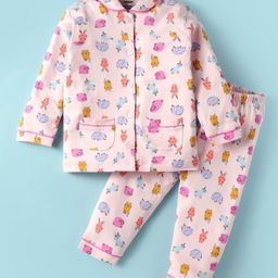 CUCUMBER Sinker Knit Full Sleeves Co-Ord Night Suit with With Animal Print - Pink-image-46