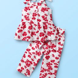 CrayonFlakes Cotton Knit Sleeveless Floral Printed Coordinating Top & Palazzo Set - Off White-image-60