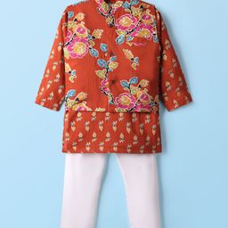 Teentaare Cotton Woven Full Sleeves Kurta Pajama Set with Jacket & Floral Print - Rust Orange-image-14