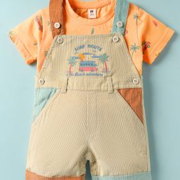 ToffyHouse Corduroy Woven Half Sleeves T-Shirt & Dungaree with Vehicle Embroidery and Print - Orange & Beige-picture-10