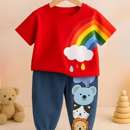 Googo Gaaga Cotton Woven Half Sleeves Rainbow & Baby Animals Printed Tee & Joggers Set - Red-picture-12