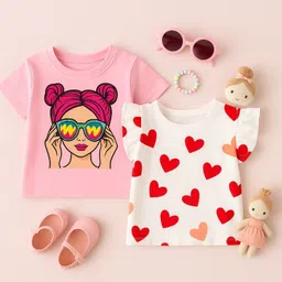 Luke and Lilly Cotton Knit Pack Of 2 Half Sleeves Hearts & Cute Girl Printed Tees - White & Pink-picture-40