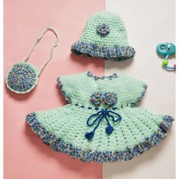 MayRa Knits Hand Knitted Knit Cap Sleeves Floral Crochet Designed Dress With Cap & Sling Bag - Green-picture-31