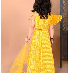 Superminis Cotton One Shoulder Lehariya Printed Lehenga Choli And Net Dupatta Set - Yellow image 3