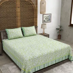 CLOTHOLOGY White & Green Floral Printed 180 TC Flat Cotton King Bedsheet - 2.75 x 2.25 m-picture-28
