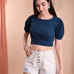 Kinjo Women Textured Self Design Puff Sleeve Scuba Crop Top-image-90
