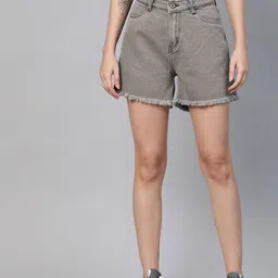 Roadster Women Grey High-Rise Loose Fit Denim Shorts-image-19
