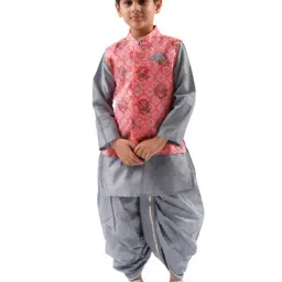 Lil Drama Kids Pink & Grey Floral Print Full Sleeves Kurta, Dhoti With Nehru Jacket-image-59