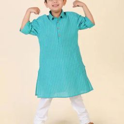 Fabindia Kids Turquoise Striped Full Sleeves Kurta-image-63