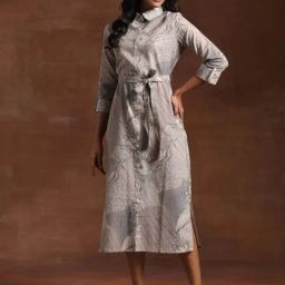 Libas Grey Linen Printed A-Line Dress-image-51