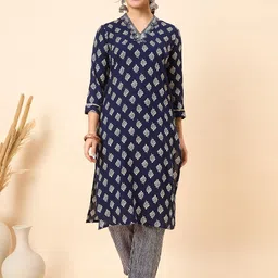 Anouk Navy Blue Floral Printed V-Neck Pure Cotton Kurta With Trouser-picture-45