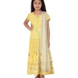 BIBA Girls Yellow Cotton Zari Work Kurti & Churidar With Dupatta-image-9