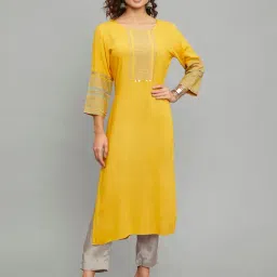 paislei Mustard Embroidered A Line Kurta-image-47