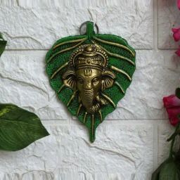 eCraftIndia Green & Gold Metal Lord Ganesha Face On Leaf Wall Hanging Showpiece-image-5
