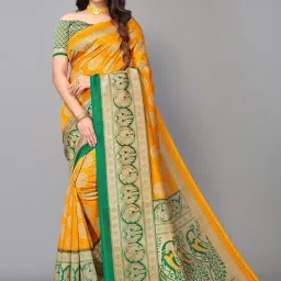 Satrani Yellow & Green Printed Saree With Unstitched Blouse-image-49