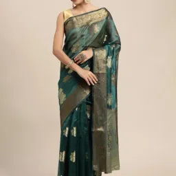 Blissta Bottle Green Floral Print Kanjeevaram Saree With Unstitched Blouse-picture-28