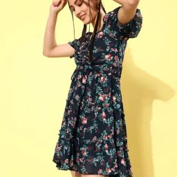 Rare Navy Floral Print Fit & Flare Dress-image-87
