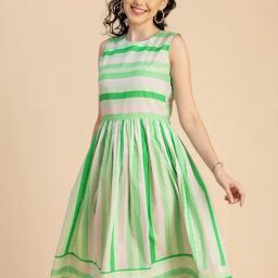 Moomaya Green Cotton Striped Midi Dress-image-41