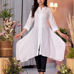 Juniper White Cotton Embroidered A Line Kurta-image-55