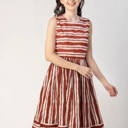 Moomaya Brown Cotton Striped Midi Dress-image-79