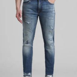 Jack & Jones Dark Blue Cotton Skinny Fit Distressed Jeans-image-89