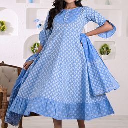 KASHISHIYA Floral Printed Ruffles Bell Sleeves Cotton Midi Fit And Flare Dress-picture-10