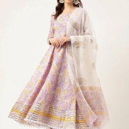 Divena Purple Cotton Handblock Print Gotta Patti Anarkali Kurta & Pant With Dupatta-image-4