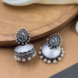 NAMAN ARTS Silver-Plated Artificial Stones Beaded Dome Shaped Jhumkas-43
