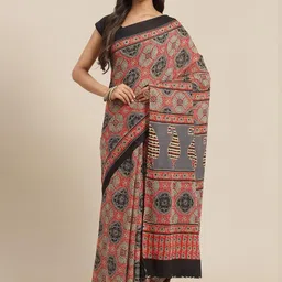 KALINI Women Olive And Red Ajrak print Cotton Saree with Blouse-44