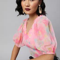 Sera Pink & Multicoloured Floral Printed Puff Sleeves Chiffon Blouson Crop Top-image-3