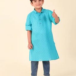 Fabindia Kids Turquoise Printed Full Sleeves Kurta-image-34