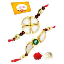 Karatcart Gold-Plated Kundan Rakhi with Roli Chawal & Greeting Card for Brother - Set of 2-image-83