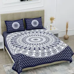 Aura Blue & White Ethnic Motifs 144 TC Queen Bedsheet with 2 Pillow Covers-image-17