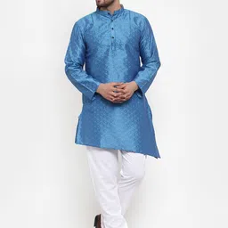 KLOTTHE Men Blue Woven Design A-Line Silk Kurta-image-16