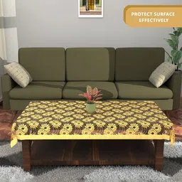 Aura Yellow & Brown Floral Floral Embroidered Cotton Anti-Skid 4-Seater Table Cover-image-68