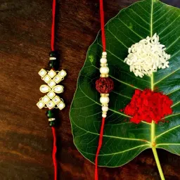 Karatcart Gold-Plated Kundan Rakhi with Roli Chawal & Greeting Card for Brother - Set of 2-image-79