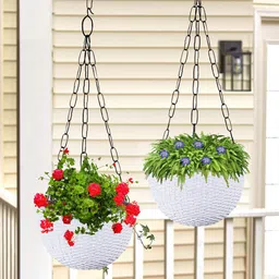 Kuber Industries White 2 Pieces Textured Round Marble Euro Hanging Planters-52