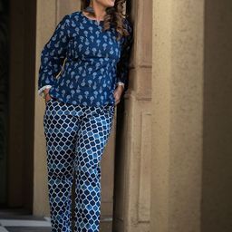 Kaftanize Freesia Printed Cotton Top With Lace Trims & Trouser Co-ords-image-49