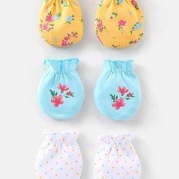 Babyhug 100% Cotton Knit Floral Printed Mittens Pack Of 3 - Multicolour-image-57