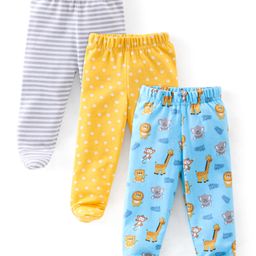 Babyhug Cotton Knit Striped & Jungle Printed Bootie Pants Pack of 3 - Multicolour-image-11