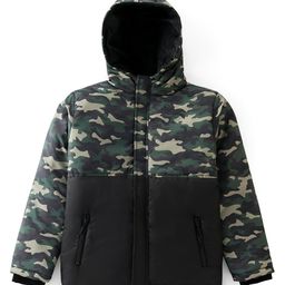 Pine Kids Woven Full Sleeves Cut And Sew Hooded Jacket With Camouflage Print - Olive And Black-image-41