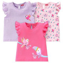 Babyhug Cotton Knit Frill Sleeves Polka Dots & Birds Printed T-Shirts Pack of 3 - Multicolour-image-5