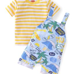 Babyhug 100% Cotton Knit Single Jersey Dungaree & Half Sleeves T-Shirt Set With Striped & Beach Theme Print - Blue & Yellow-image-93